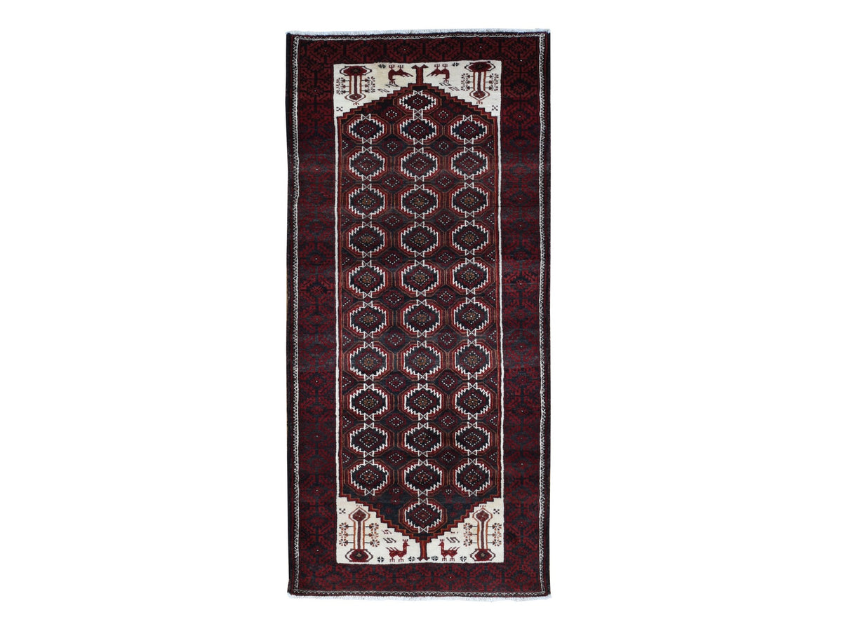 Baluch Persian hand-knotted wool runner in Red, 3'8" x 8' — SKU O087385