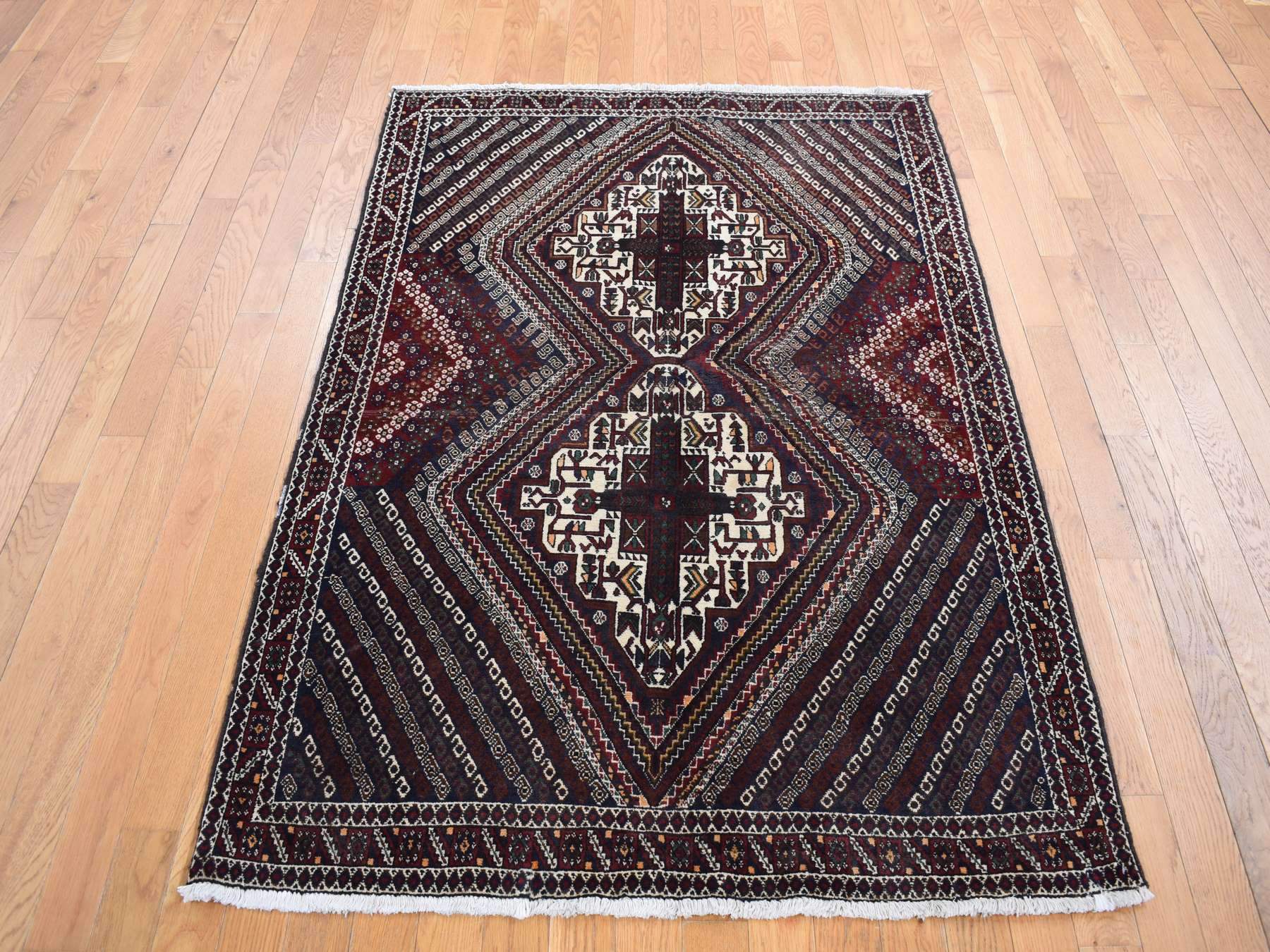 Shiraz Persian hand-knotted wool rug in Blue & Red, 4'1" x 5'9" — SKU O087399 (view 2)