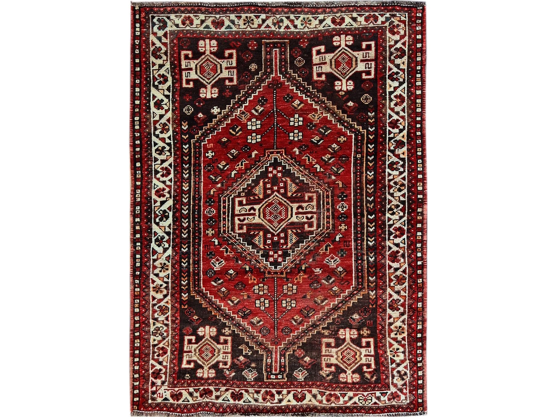Shiraz Vintage hand-knotted wool rug in Red & Ivory, 3'9" x 5'1" — SKU O0873