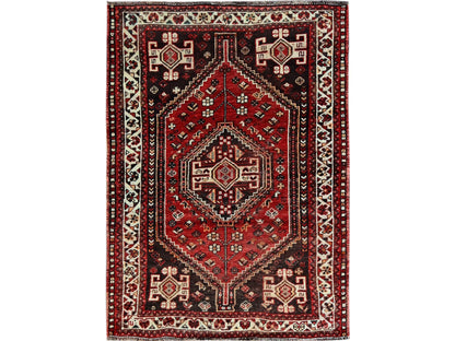 Shiraz Vintage hand-knotted wool rug in Red & Ivory, 3'9" x 5'1" — SKU O0873