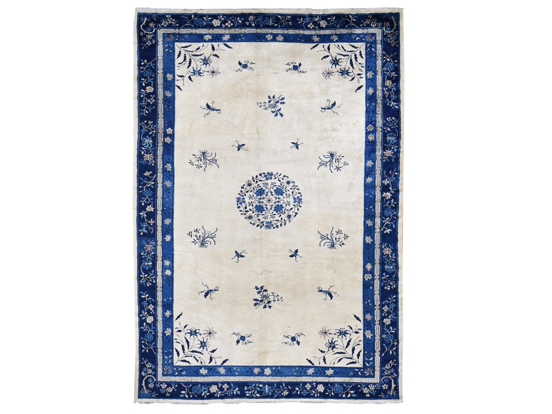 Antique hand-knotted wool rug in Ivory & Blue, 9' x 14'2" — SKU O087402