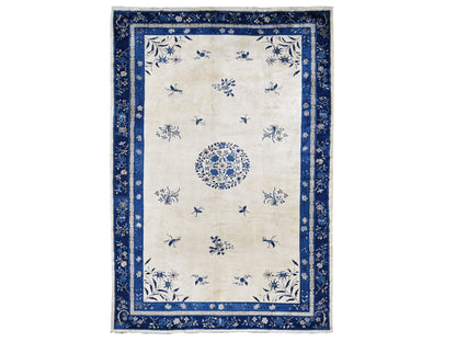 Ivory 9'0" x 14'2" Antique Hand knotted Wool Rug - Sku: O087402