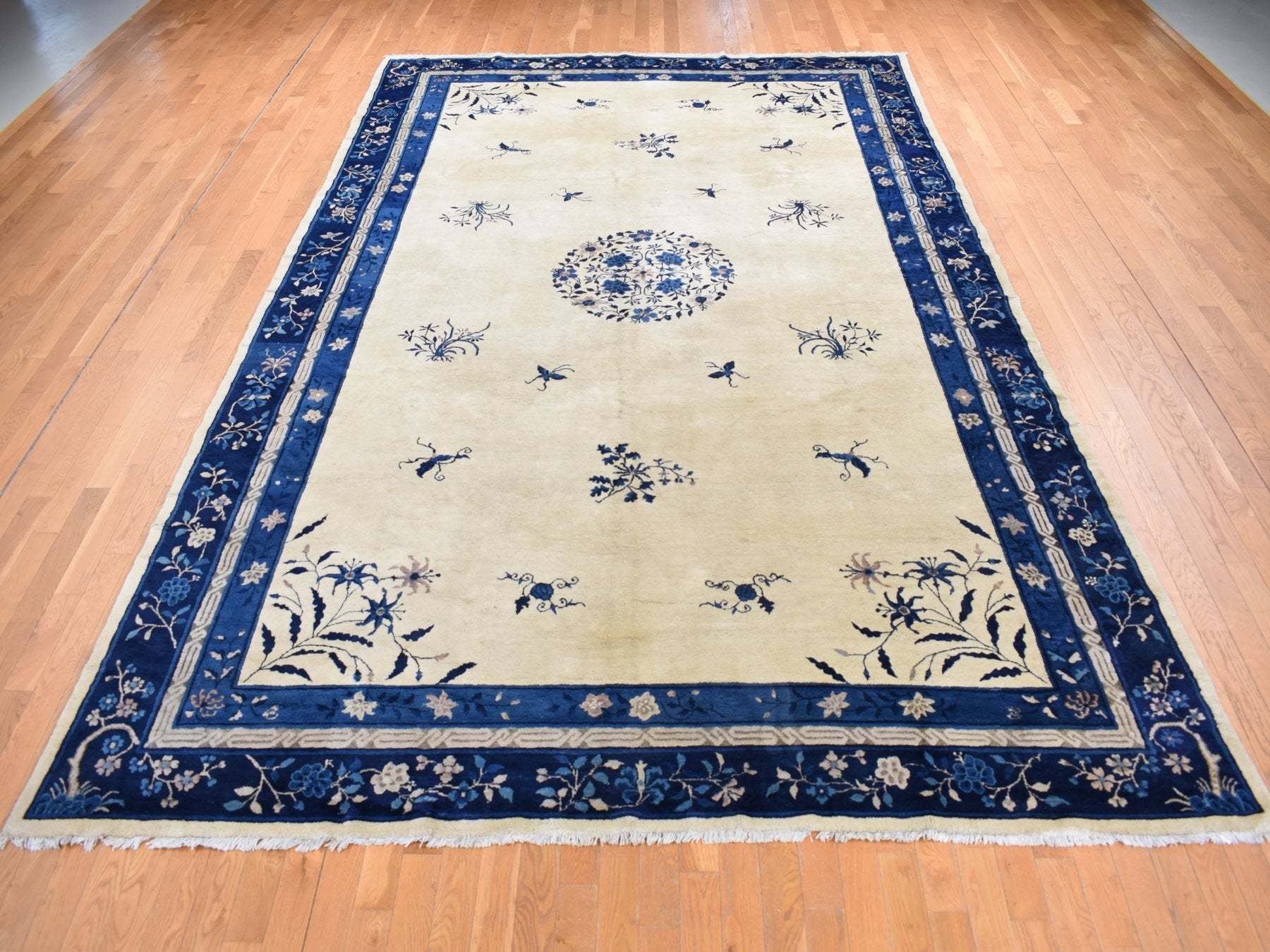 Antique hand-knotted wool rug in Ivory & Blue, 9' x 14'2" — SKU O087402 (view 2)