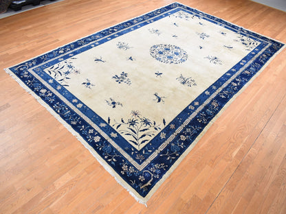 Antique hand-knotted wool rug in Ivory & Blue, 9' x 14'2" — SKU O087402 (view 3)