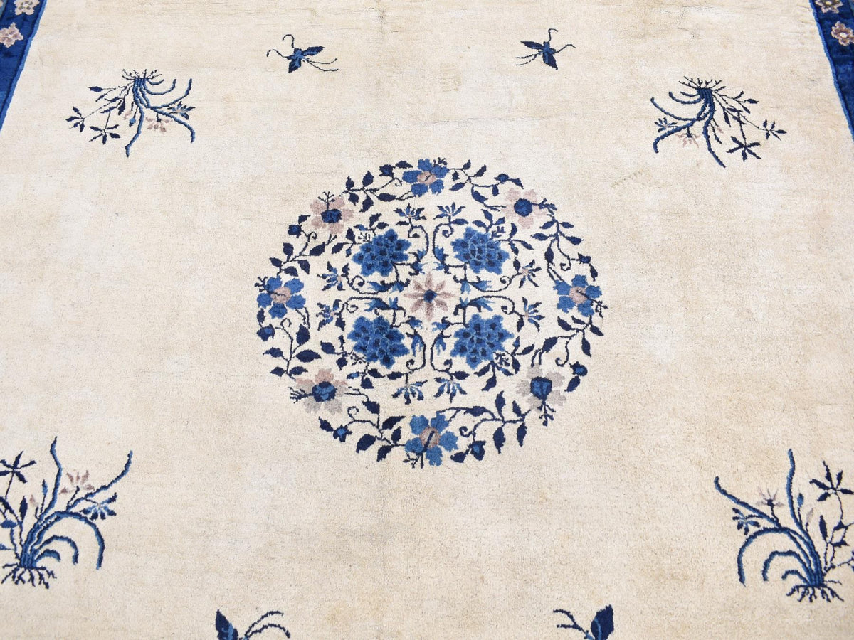 Antique hand-knotted wool rug in Ivory & Blue, 9' x 14'2" — SKU O087402 (view 8)