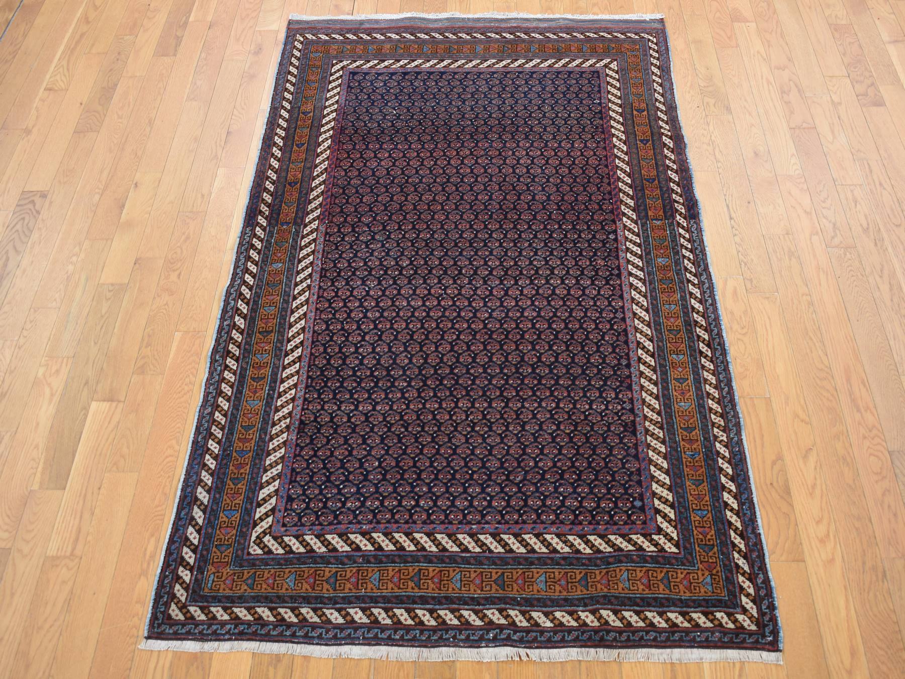 Afshar Antique hand-knotted wool rug in Blue & Russet Brown, 4'4" x 6'10" — SKU O087404 (view 2)