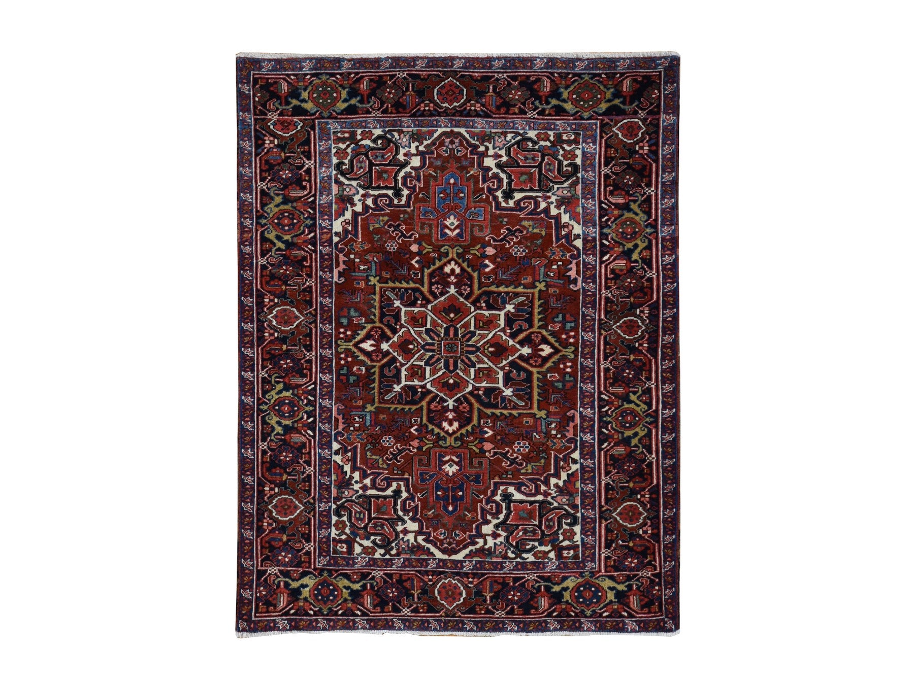 Heriz Heriz hand-knotted wool rug in Red & Yankees Blue, 4'7" x 8'8" — SKU O087405