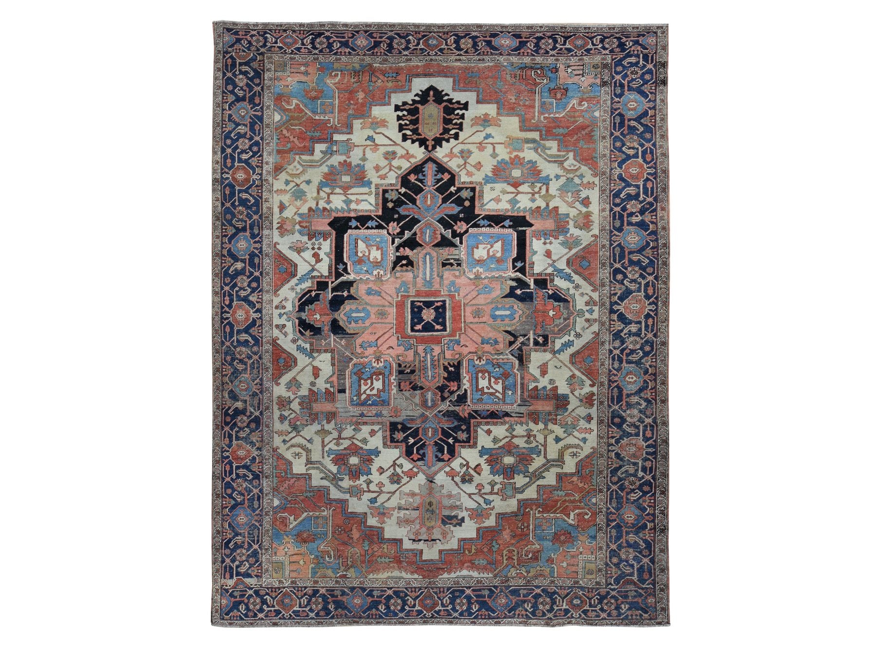 Heriz Antique hand-knotted wool rug in Ivory & Blue, 9'9" x 12'6" — SKU O087424