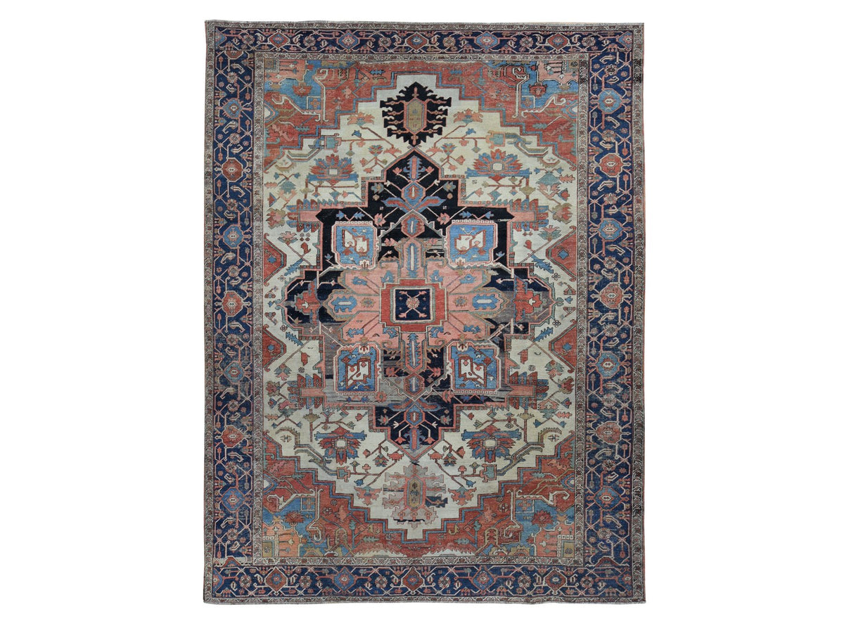 Heriz Antique hand-knotted wool rug in Ivory & Blue, 9'9" x 12'6" — SKU O087424