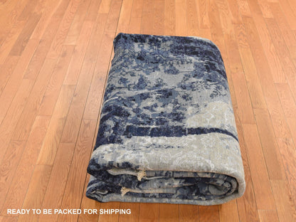 Blue 6'0" x 8'10" Transitional Hand knotted Wool/Silk Rug - Sku: O087431
