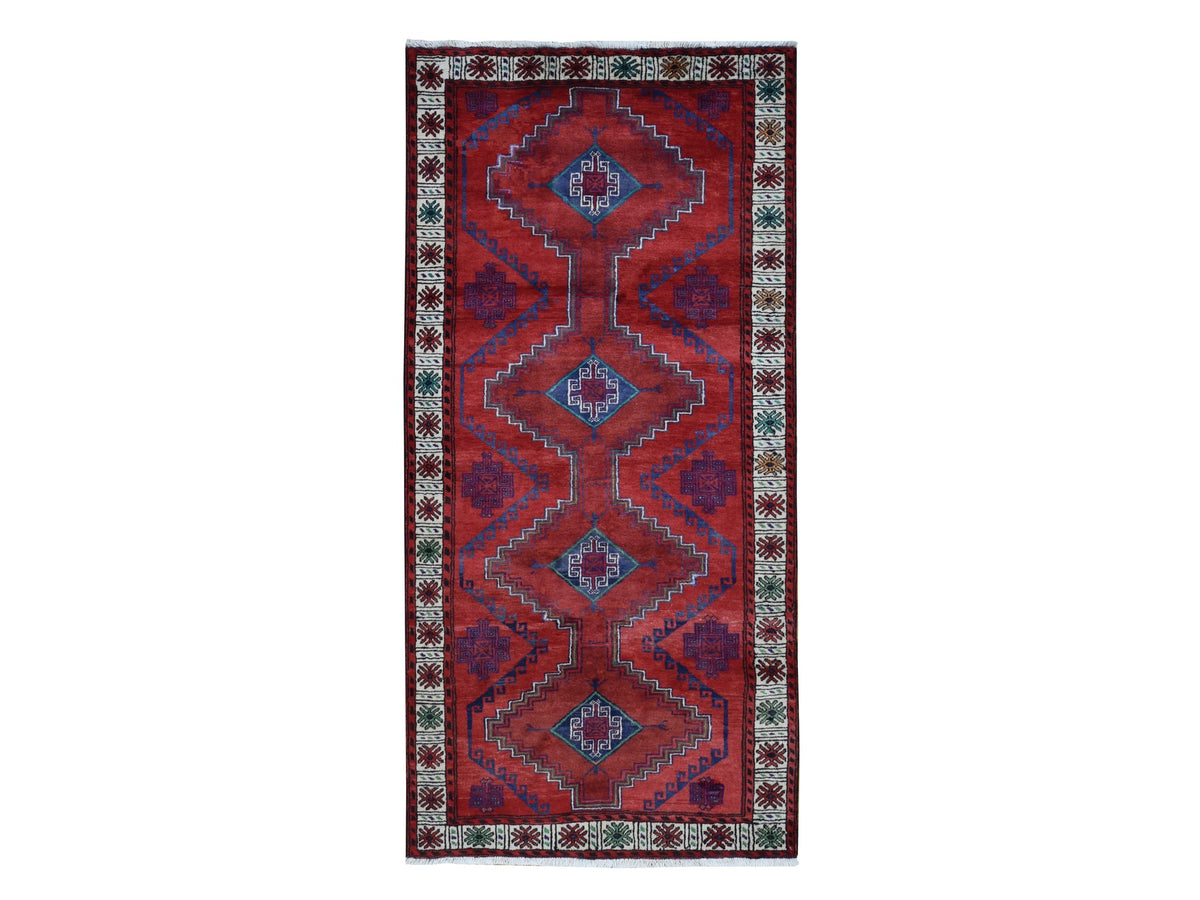 Hamadan Persian hand-knotted wool runner in Red & Ivory, 3'8" x 7'9" — SKU O087443