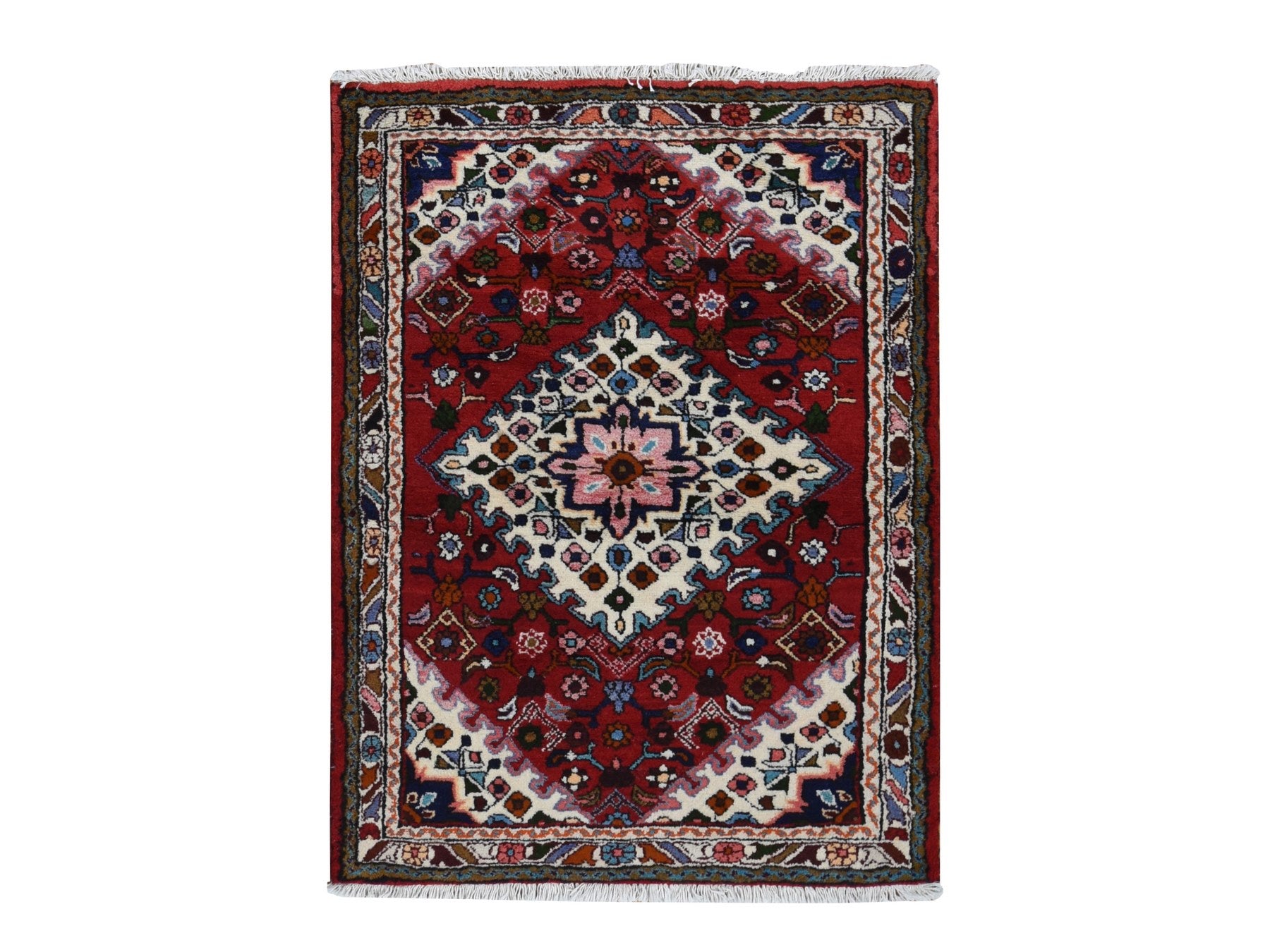 Hamadan Persian hand-knotted wool rug in Red & Ivory, 3'7" x 4'8" — SKU O087457