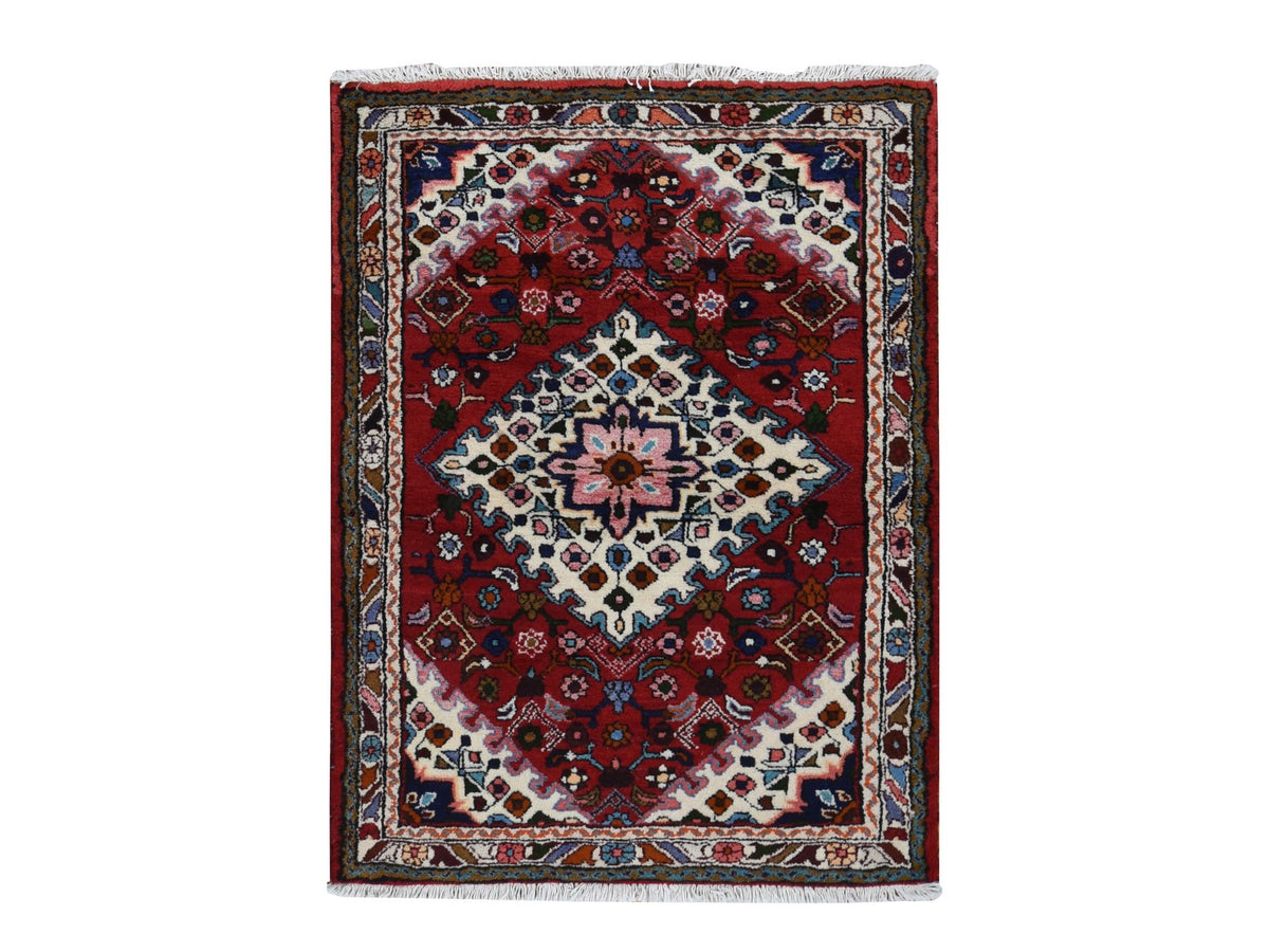Hamadan Persian hand-knotted wool rug in Red & Ivory, 3'7" x 4'8" — SKU O087457