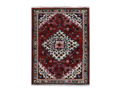 Hamadan Persian hand-knotted wool rug in Red & Ivory, 3'7" x 4'8" — SKU O087457