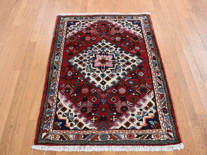 Hamadan Persian hand-knotted wool rug in Red & Ivory, 3'7" x 4'8" — SKU O087457 (view 2)