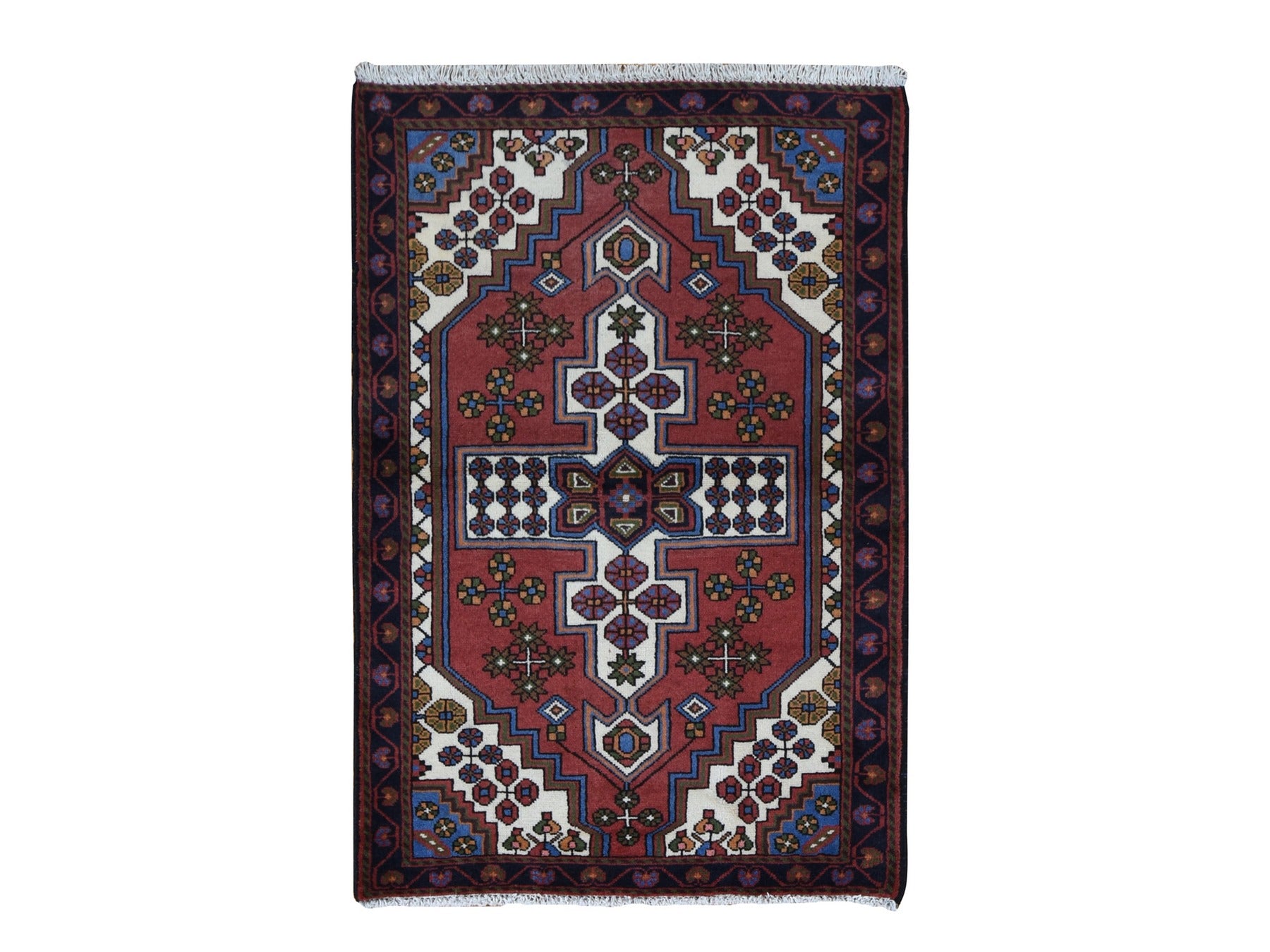 Hamadan Persian hand-knotted wool rug in Red & Midnight Blue, 3'5" x 5' — SKU O087464