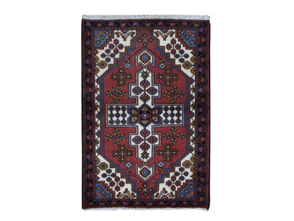 Hamadan Persian hand-knotted wool rug in Red & Midnight Blue, 3'5" x 5' — SKU O087464