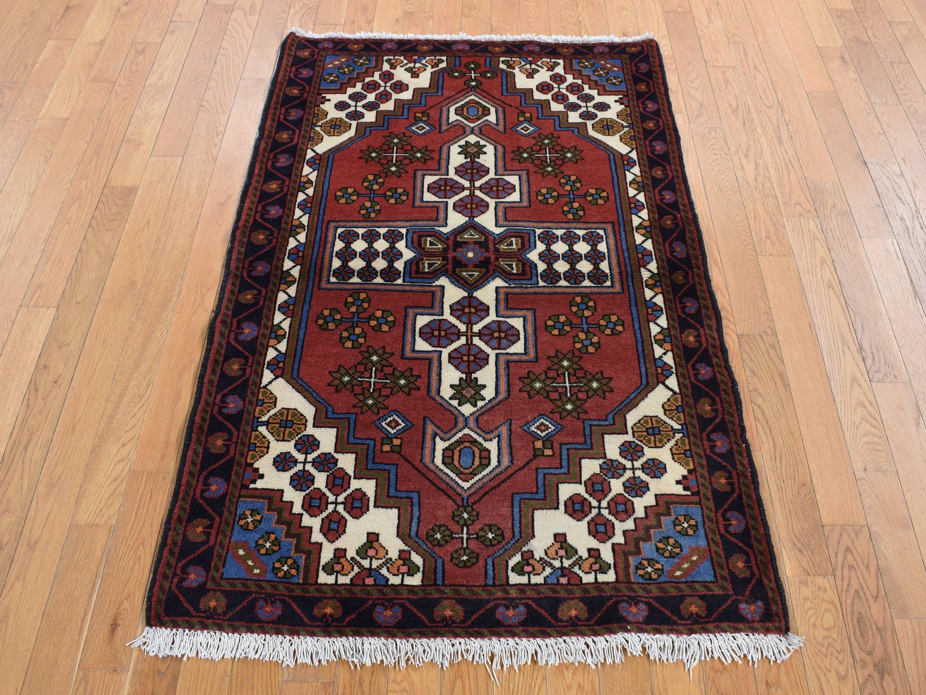 Hamadan Persian hand-knotted wool rug in Red & Midnight Blue, 3'5" x 5' — SKU O087464 (view 2)