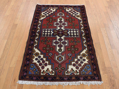 Hamadan Persian hand-knotted wool rug in Red & Midnight Blue, 3'5" x 5' — SKU O087464 (view 2)