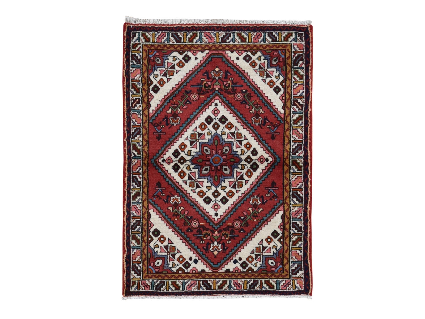 Hamadan Persian hand-knotted wool rug in Red & Ivory, 3'5" x 5'1" — SKU O087468