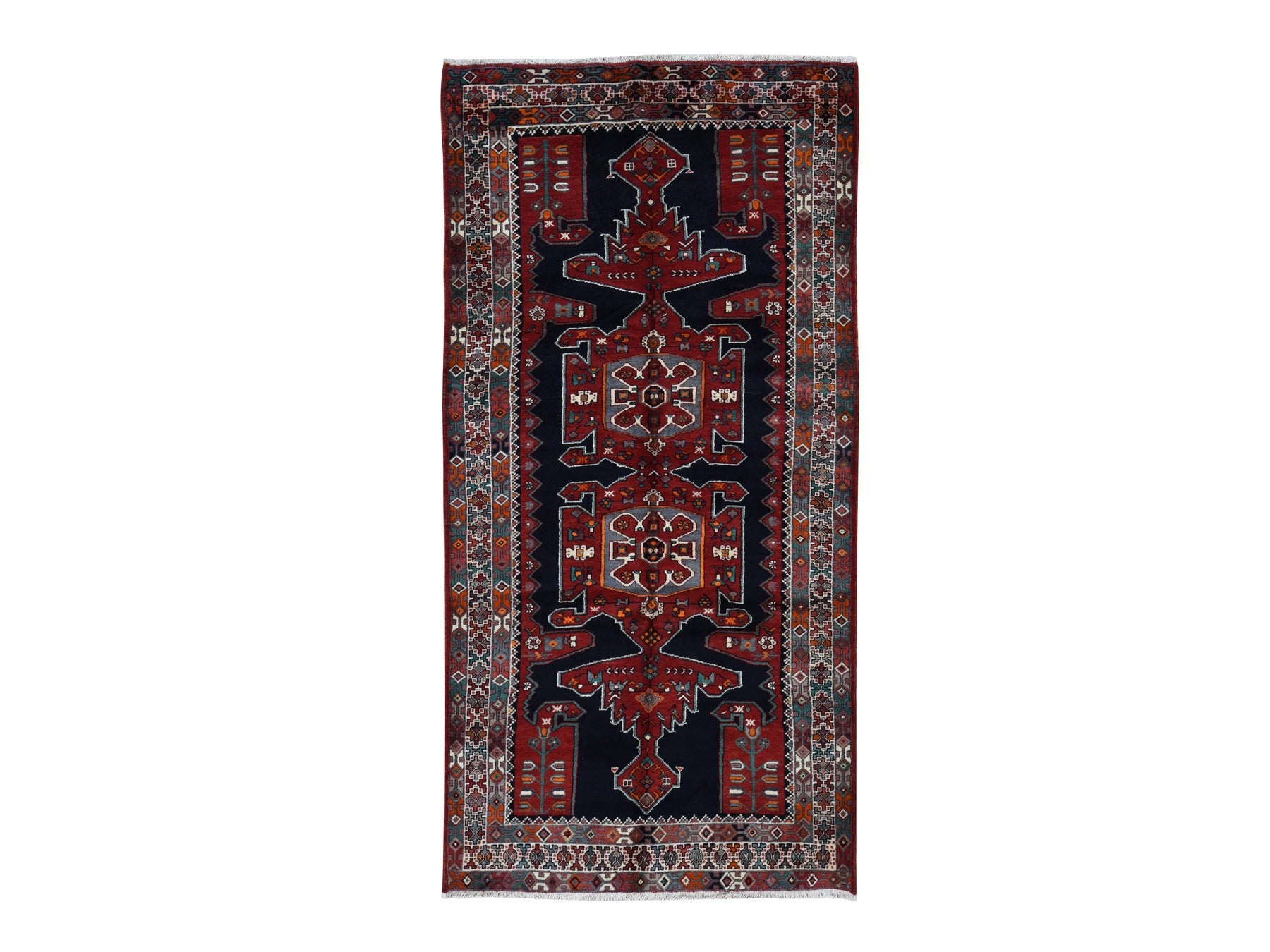 Hamadan Persian hand-knotted wool rug in Blue & Ivory, 4'8" x 9'7" — SKU O087472