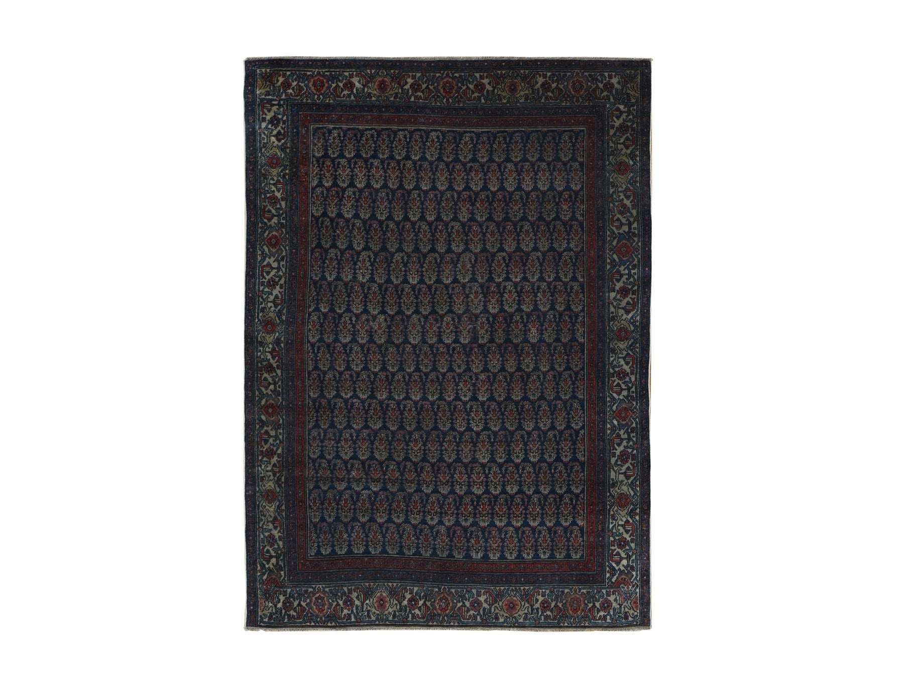 Senneh Vintage hand-knotted worn wool rug in Blue & Ivory, 4' x 6' — SKU O087479