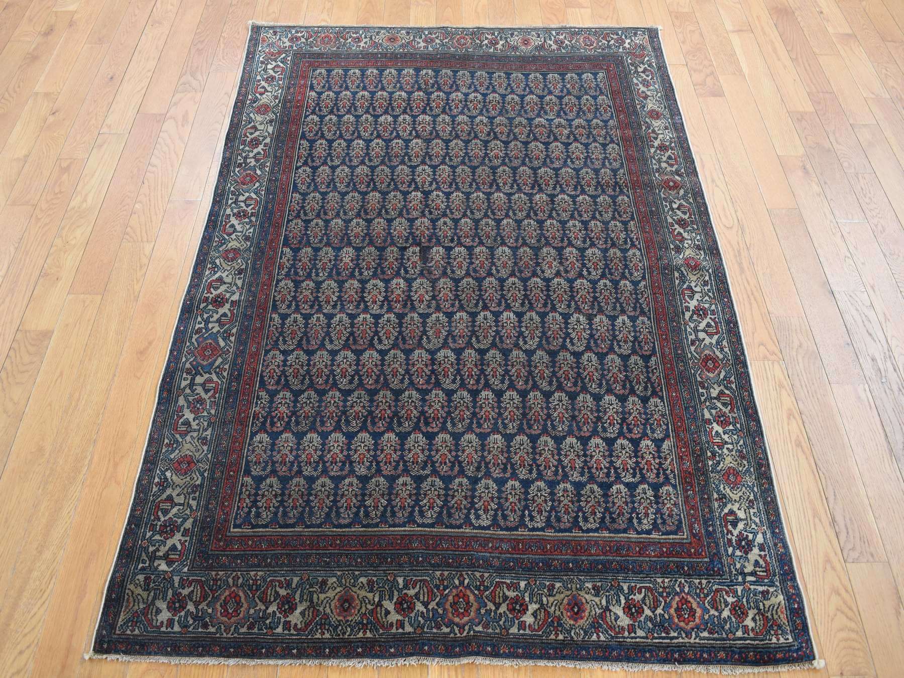 Senneh Vintage hand-knotted worn wool rug in Blue & Ivory, 4' x 6' — SKU O087479 (view 2)