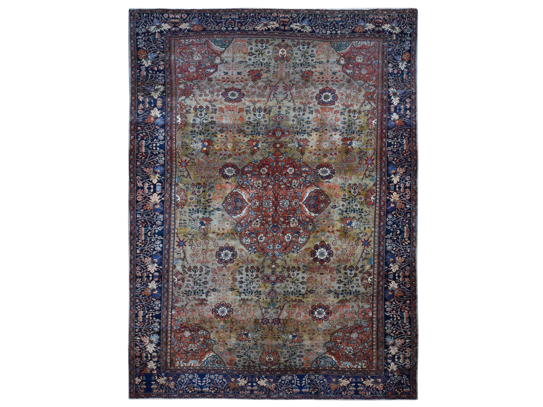 Sarouk Vintage hand-knotted worn wool rug in Green & Blue, 8'4" x 11'6" — SKU O087480