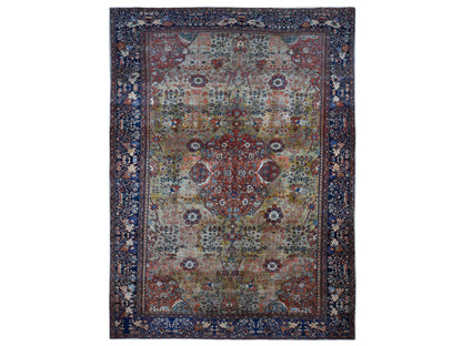 Sarouk Vintage hand-knotted worn wool rug in Green & Blue, 8'4" x 11'6" — SKU O087480