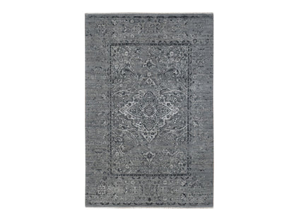 Transitional hand-knotted wool/silk rug in Gray, 6' x 9' — SKU O087509