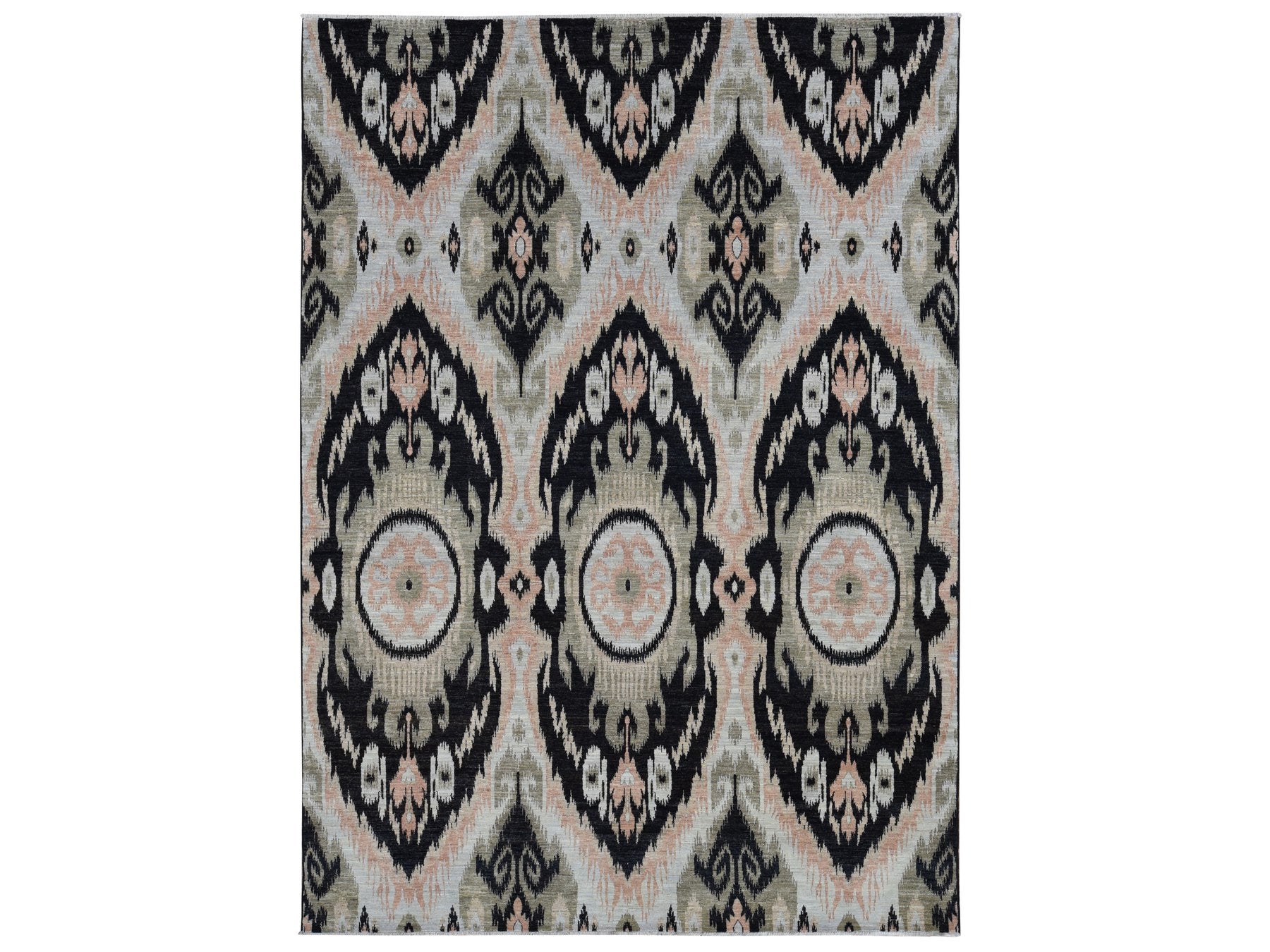 Ikat And Suzani Design hand-knotted wool rug in Black, 9'1" x 13' — SKU O087513