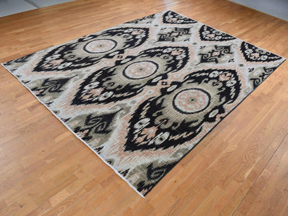 Black 9'1" x 13'0" Ikat And Suzani Design Hand knotted Wool Rug - Sku: O087513