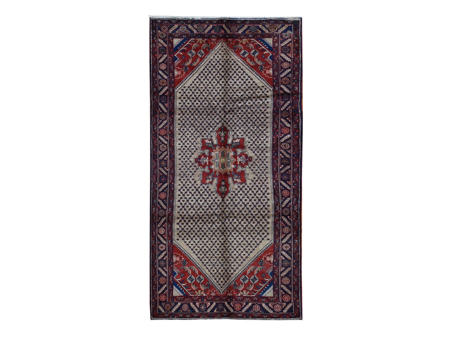 Hamadan Persian hand-knotted wool rug in Brown & Yale Blue, 5'1" x 10'2" — SKU O087527