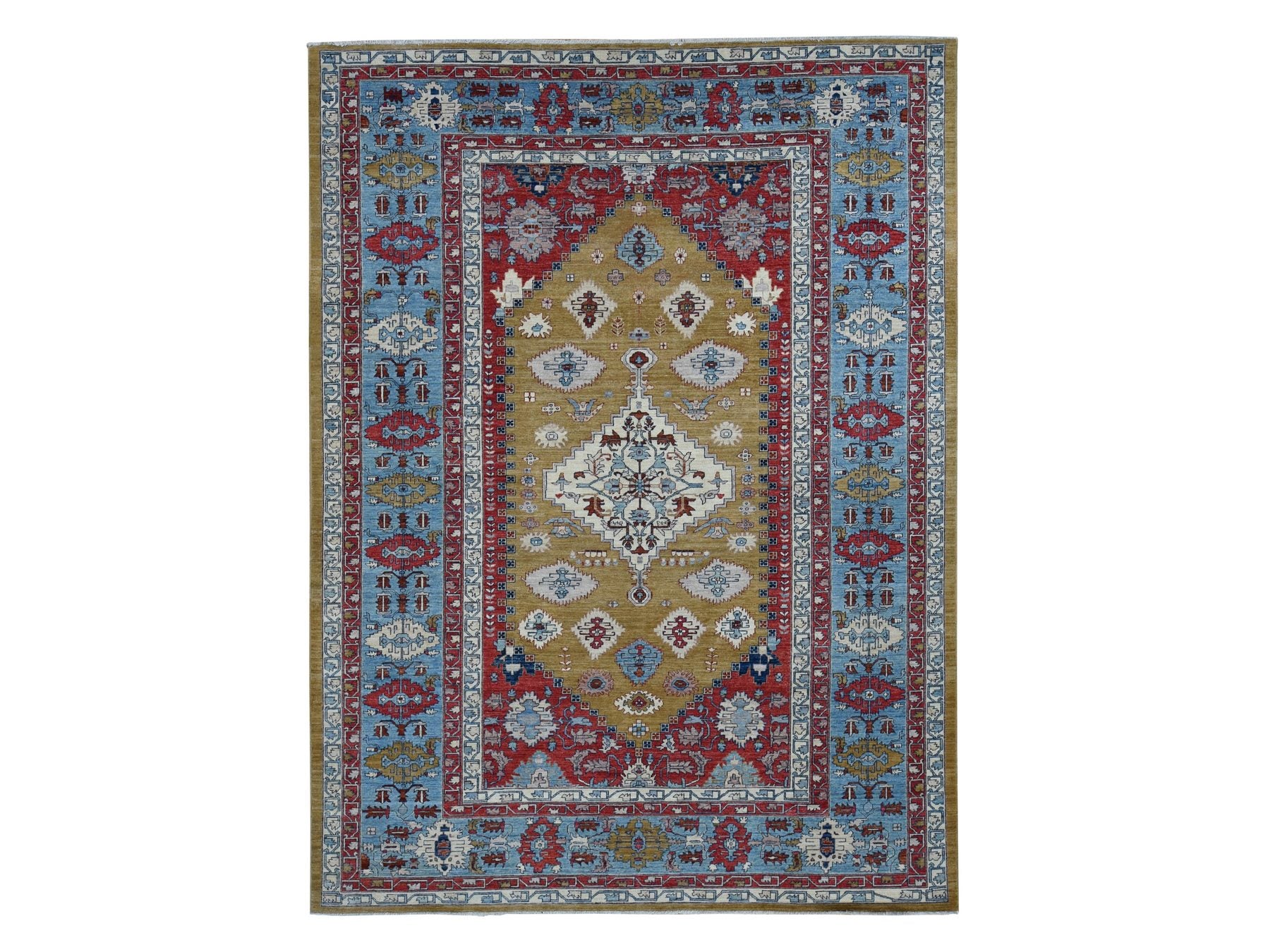 Peshawar Heriz hand-knotted wool rug in Green & Blue, 9'10" x 13'10" — SKU O087536