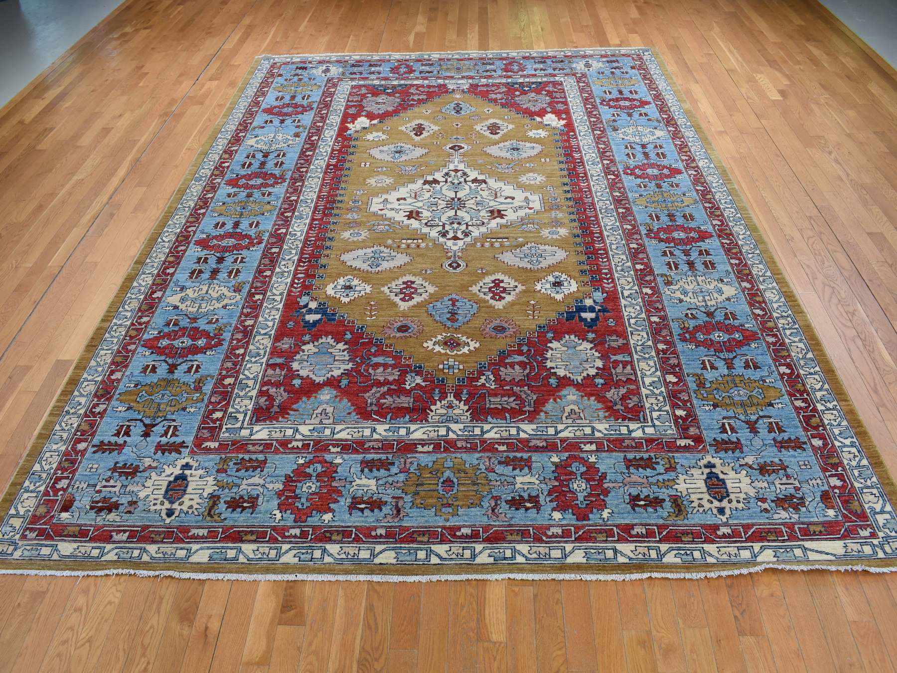 Peshawar Heriz hand-knotted wool rug in Green & Blue, 9'10" x 13'10" — SKU O087536 (view 2)