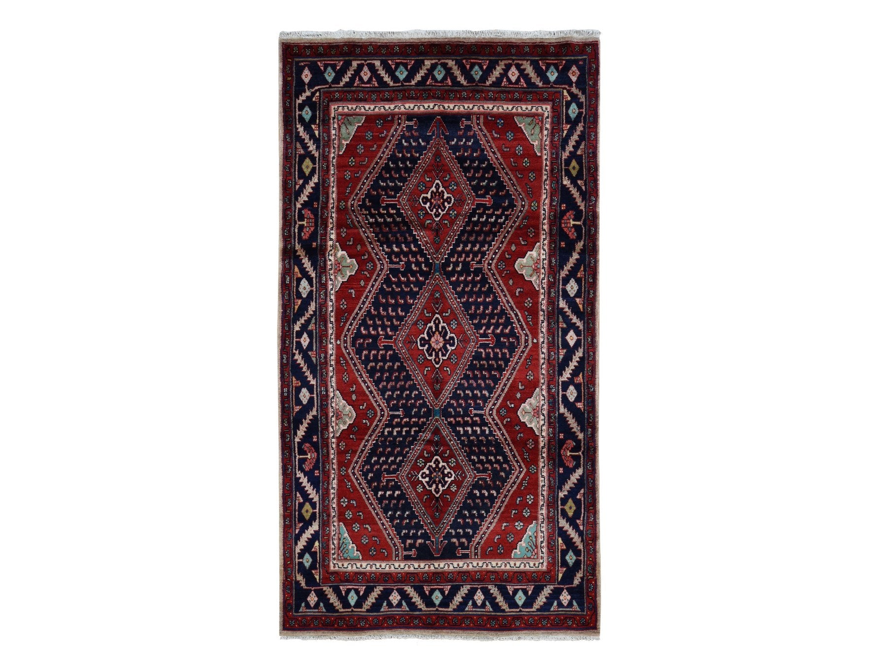 Persian hand-knotted wool rug in Red & Blue, 5'1" x 9'7" — SKU O087575