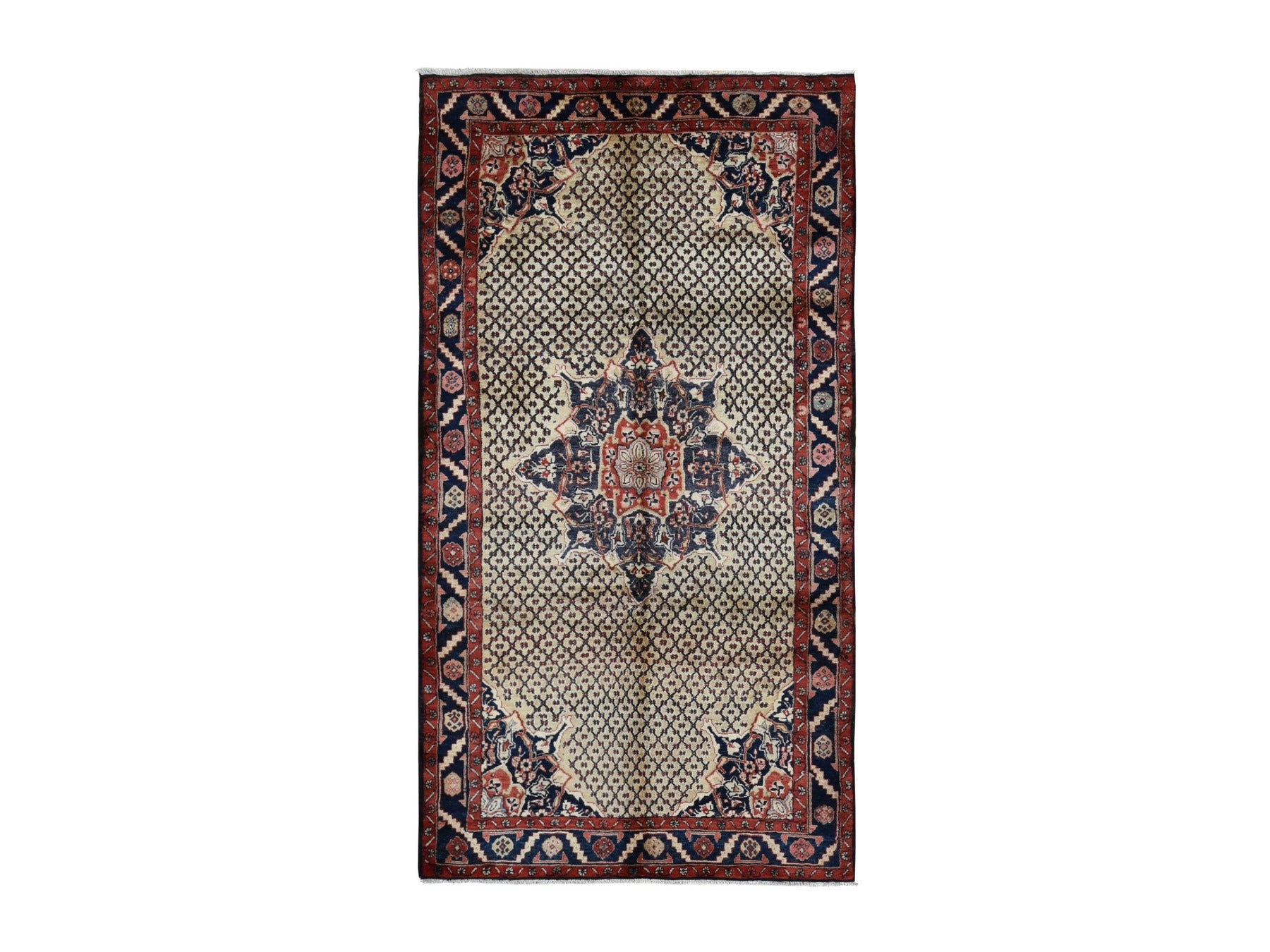 Hamadan Persian hand-knotted wool rug in Beige & Millennium Blue, 5'2" x 9'8" — SKU O087590