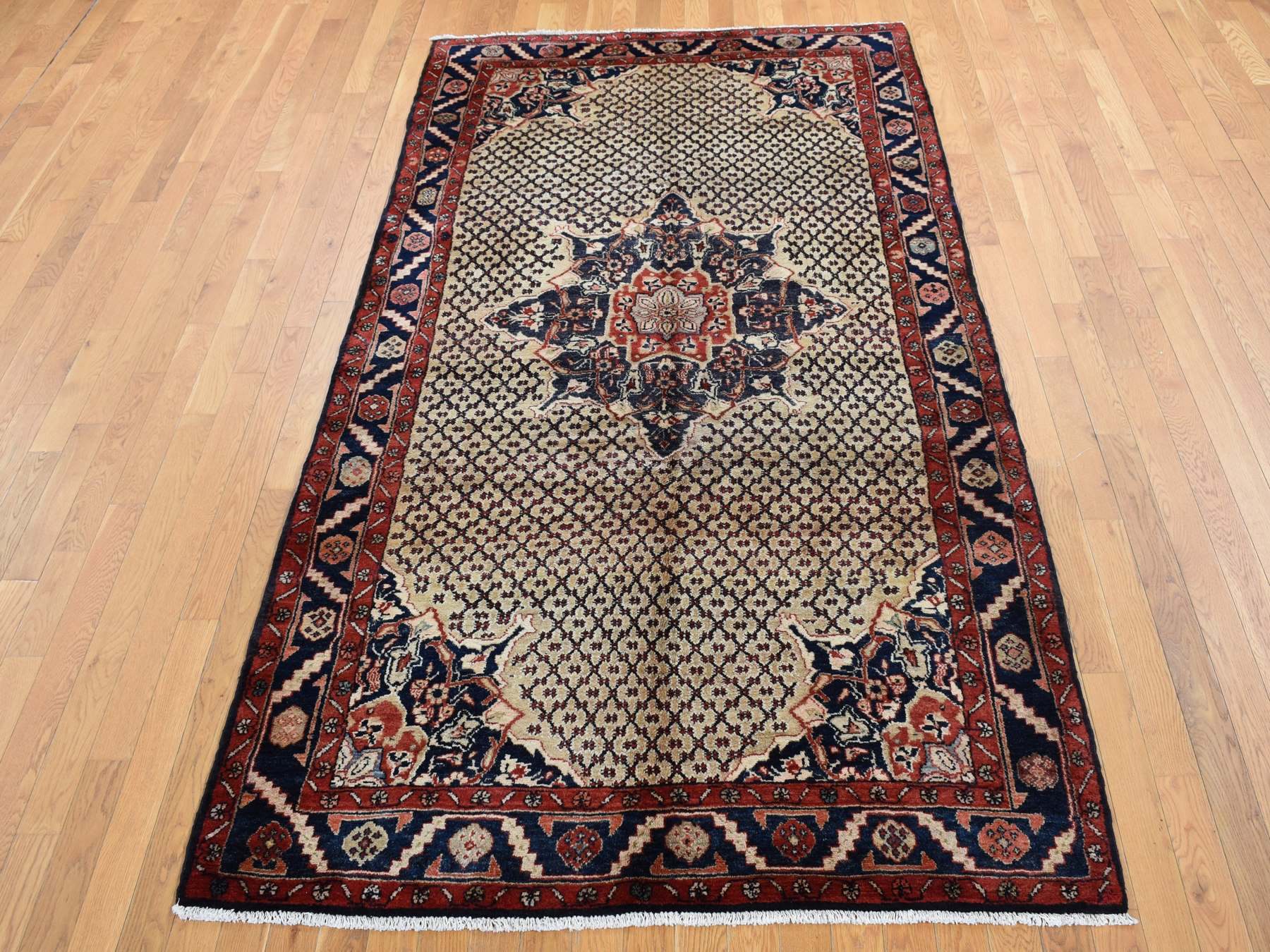 Hamadan Persian hand-knotted wool rug in Beige & Millennium Blue, 5'2" x 9'8" — SKU O087590 (view 2)
