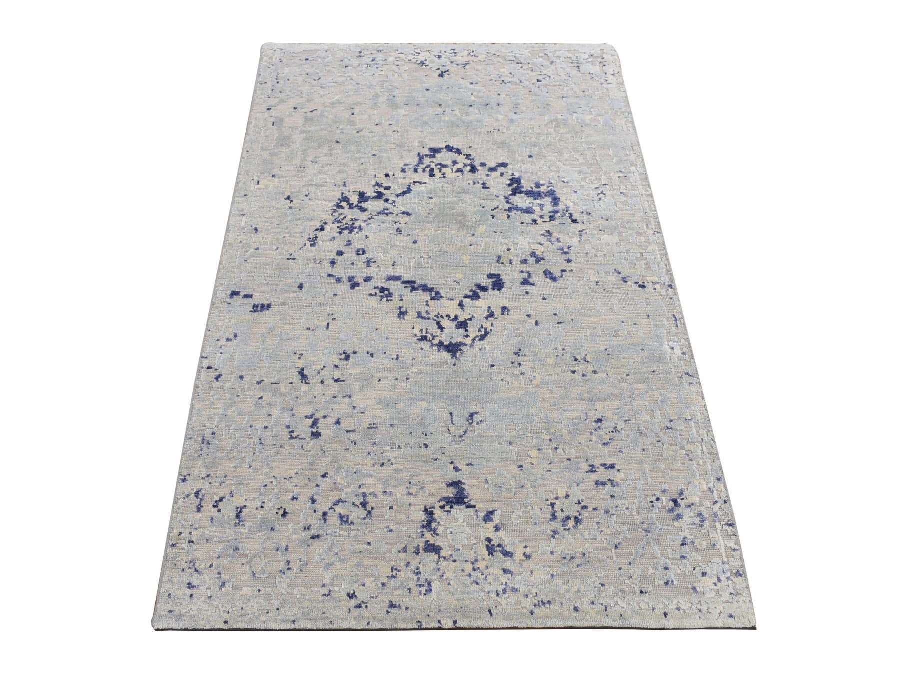 Transitional hand-knotted wool/silk rug in Blue, 3' x 4'10" — SKU O087610