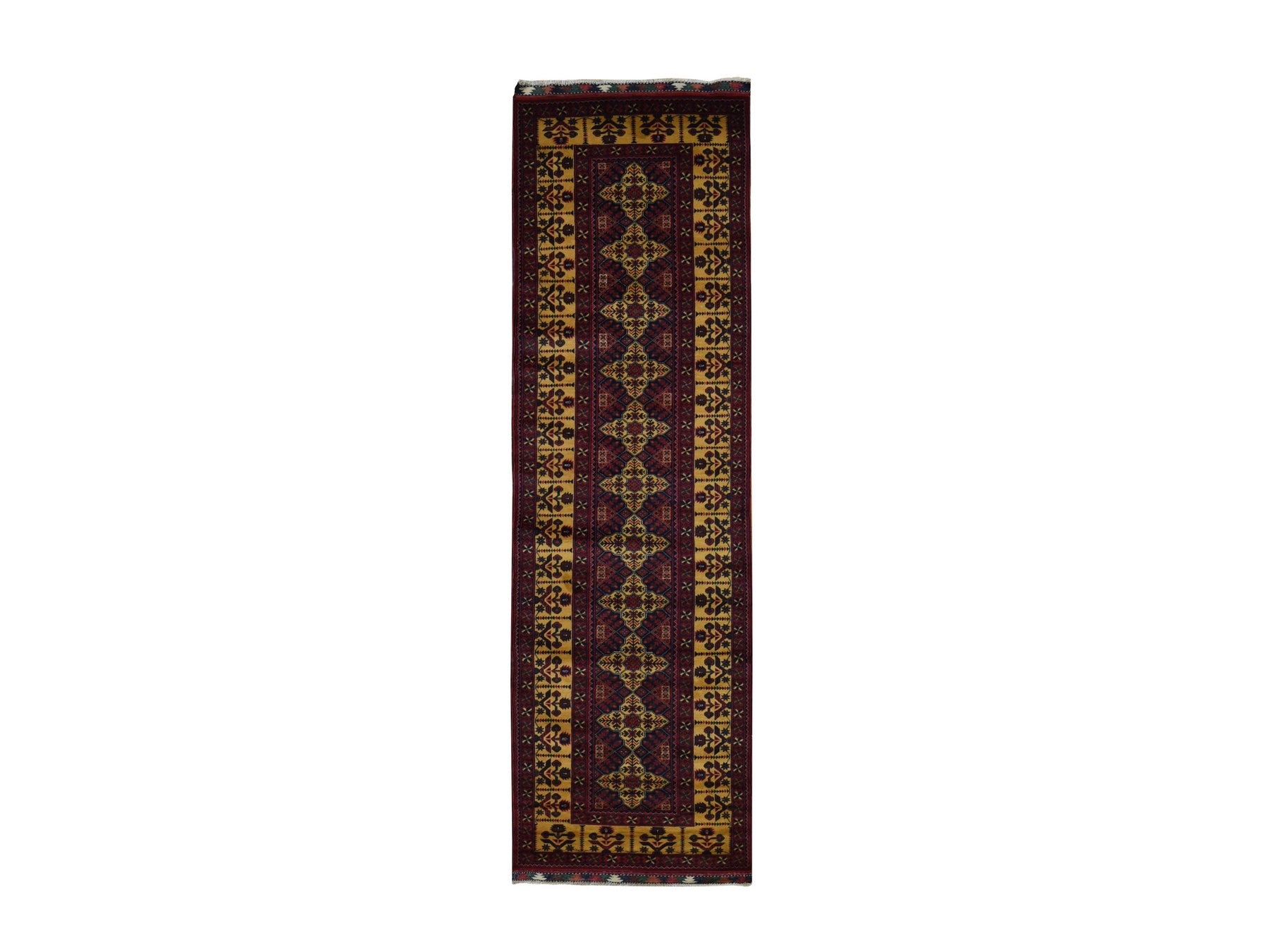 Tribal & Geometric hand-knotted wool runner in Red & Yellow, 3' x 10'2" — SKU O087617