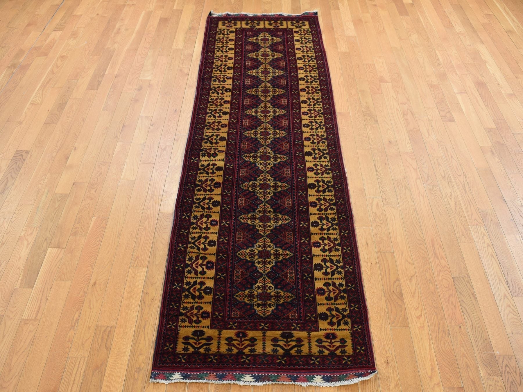 Tribal & Geometric hand-knotted wool runner in Red & Yellow, 3' x 10'2" — SKU O087617 (view 2)
