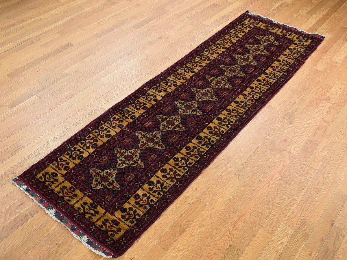 Tribal & Geometric hand-knotted wool runner in Red & Yellow, 3' x 10'2" — SKU O087617 (view 3)