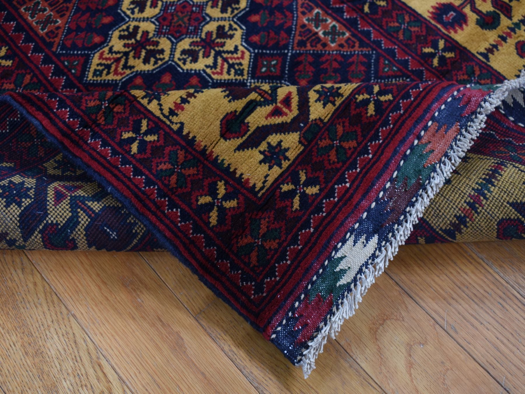 Tribal & Geometric hand-knotted wool runner in Red & Yellow, 3' x 10'2" — SKU O087617 (view 5)