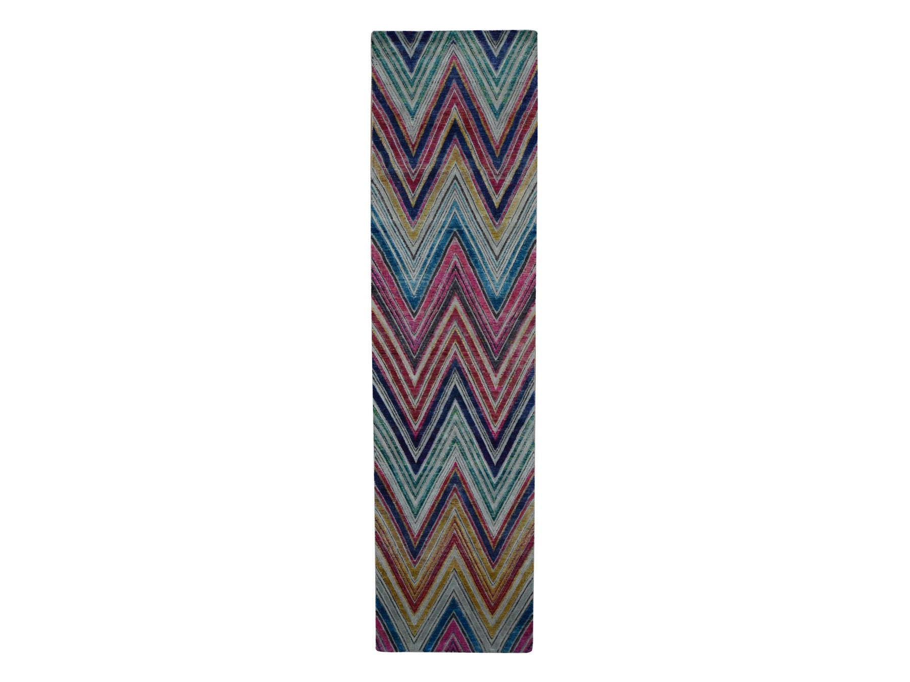 Modern / Contemporary hand-knotted wool/sari silk runner in Pink, 3' x 12'3" — SKU O087621