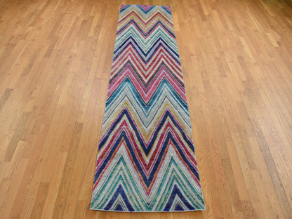 Modern / Contemporary hand-knotted wool/sari silk runner in Pink, 3' x 12'3" — SKU O087621 (view 2)