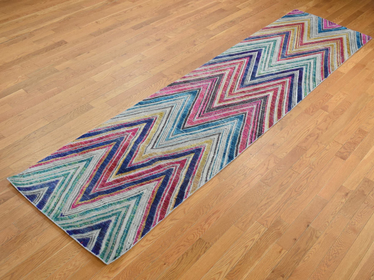 Modern / Contemporary hand-knotted wool/sari silk runner in Pink, 3' x 12'3" — SKU O087621 (view 3)
