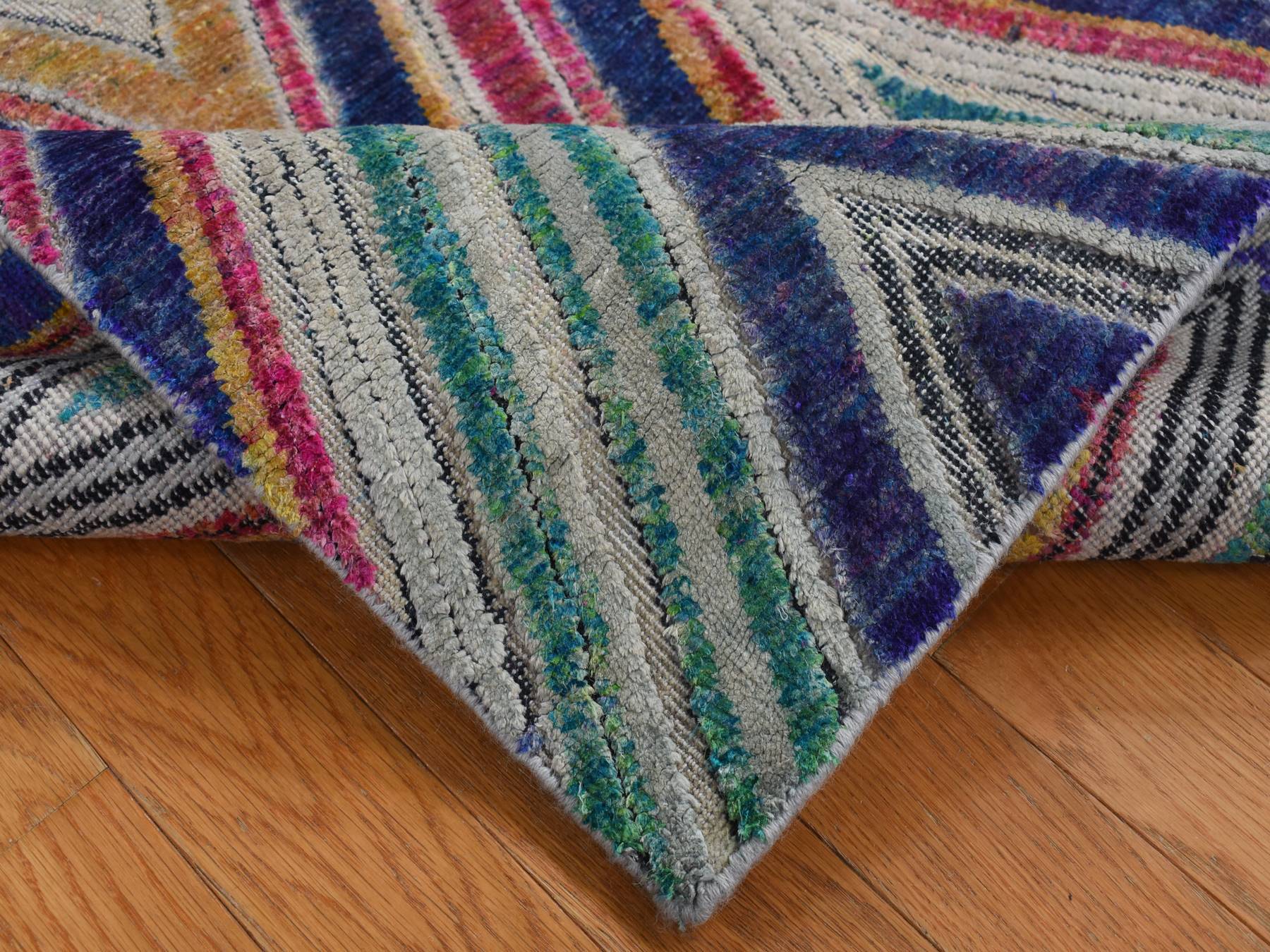 Modern / Contemporary hand-knotted wool/sari silk runner in Pink, 3' x 12'3" — SKU O087621 (view 5)