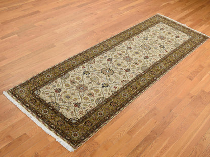 Brown 3'6" x 10'3" Fine Oriental Hand knotted Wool/Silk Rug - Sku: O087624