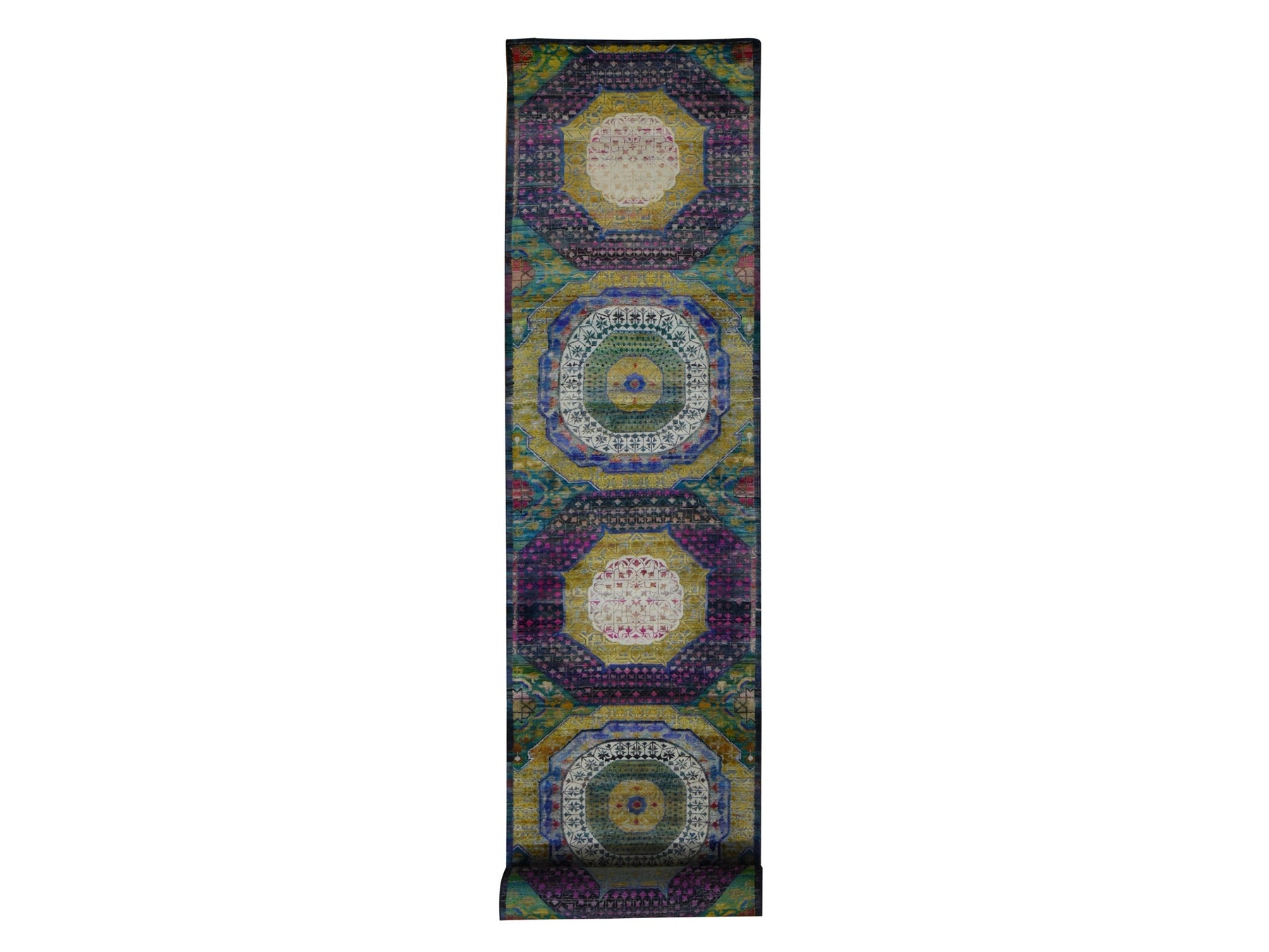 Mamluk Mamluk hand-knotted wool/sari silk runner in Yellow, 3'1" x 19'3" — SKU O087625