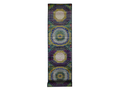 Mamluk Mamluk hand-knotted wool/sari silk runner in Yellow, 3'1" x 19'3" — SKU O087625